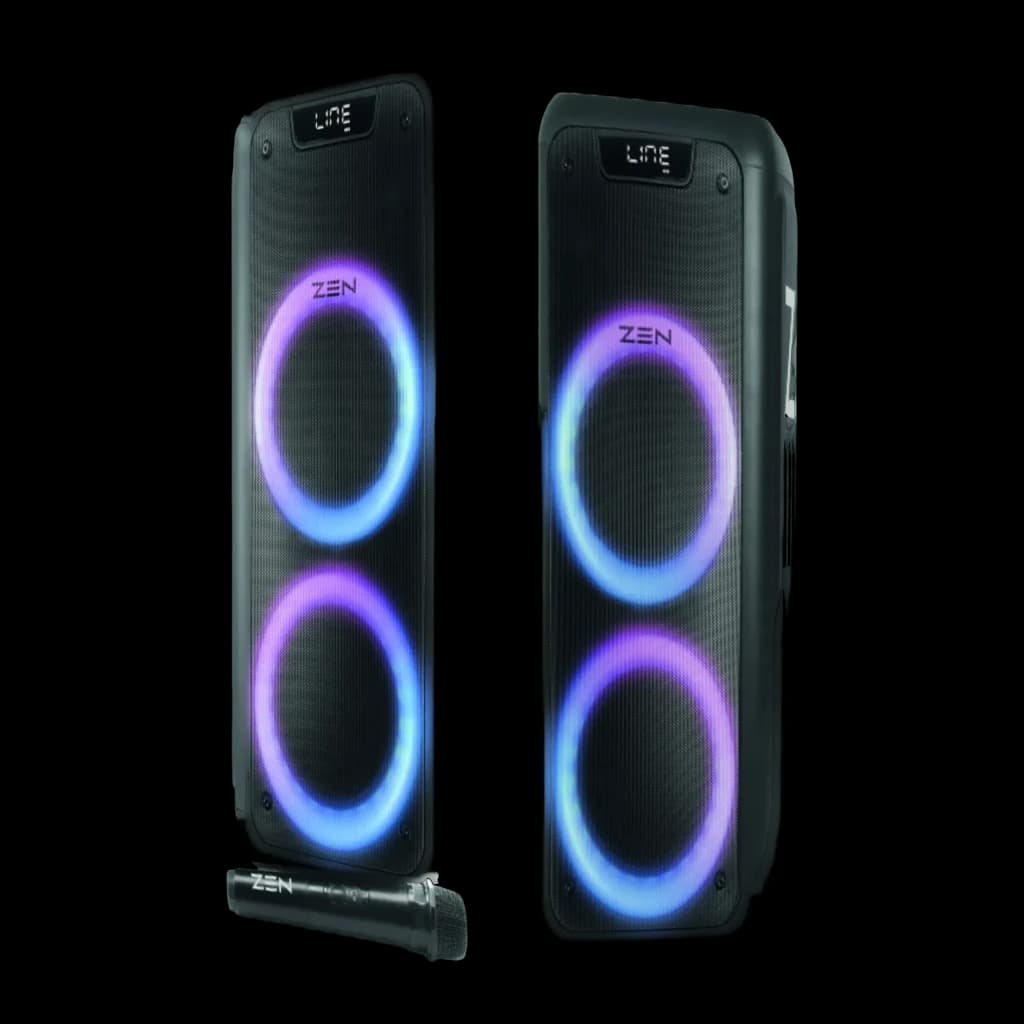 Altavoz portátil ZEN Devices Phoenix 25W RMS 7h Bluetooth 5.0 Negro, vista frontal: dos unidades con luces LED azul-morado