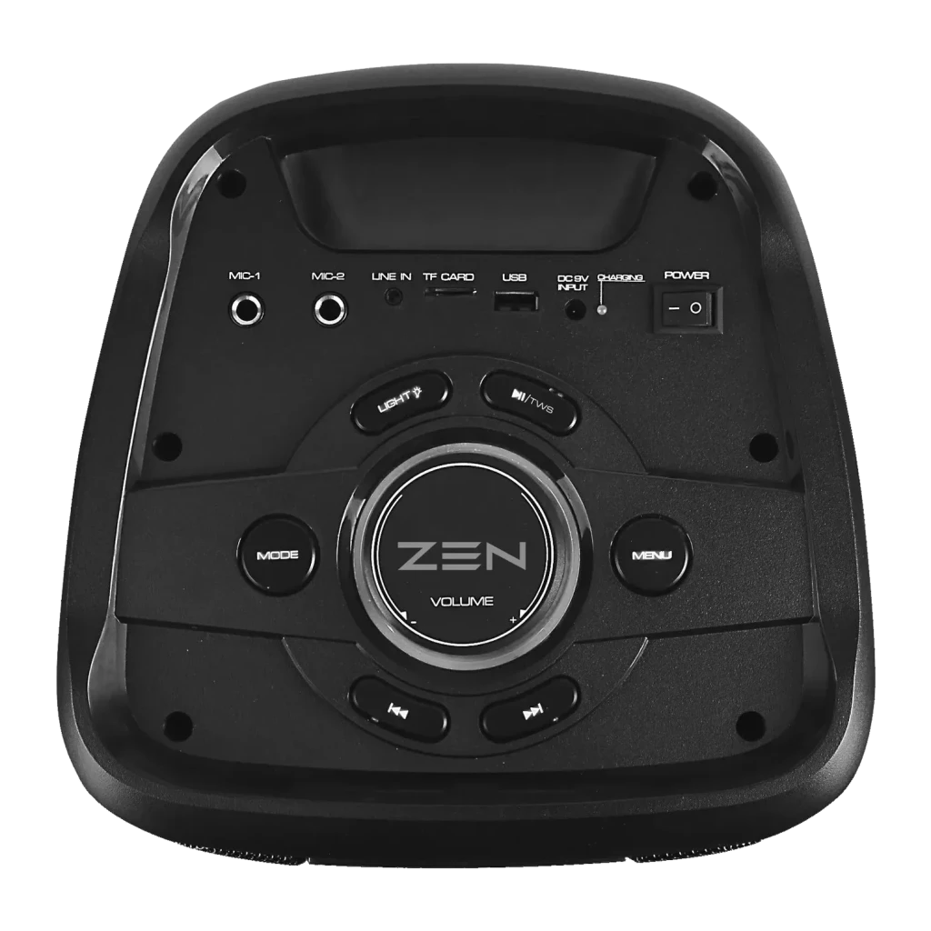 Altavoz portátil ZEN Devices Phoenix 25W RMS 7h Bluetooth 5.0 Negro, vista superior: mando de volumen central, botones Mode