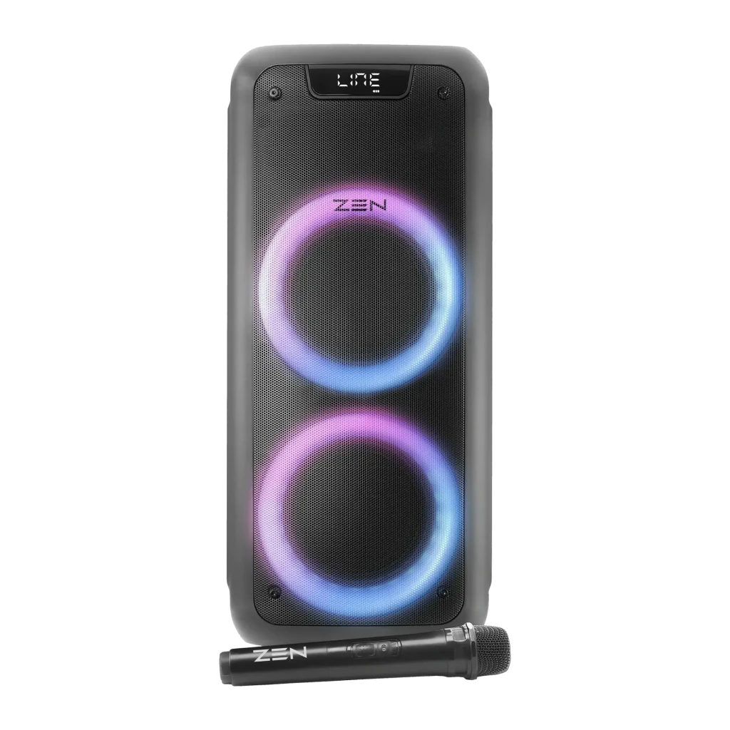 Altavoz portátil ZEN Devices Phoenix 25W RMS 7h Bluetooth 5.0 Negro, vista frontal: dos woofers con luces LED azul y rosa