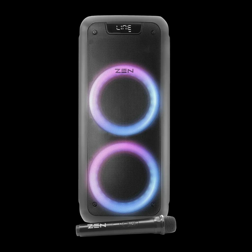 Altavoz portátil ZEN Devices Phoenix 25W RMS 7h Bluetooth 5.0 Negro, vista frontal: dos woofers con luces LED azul y rosa