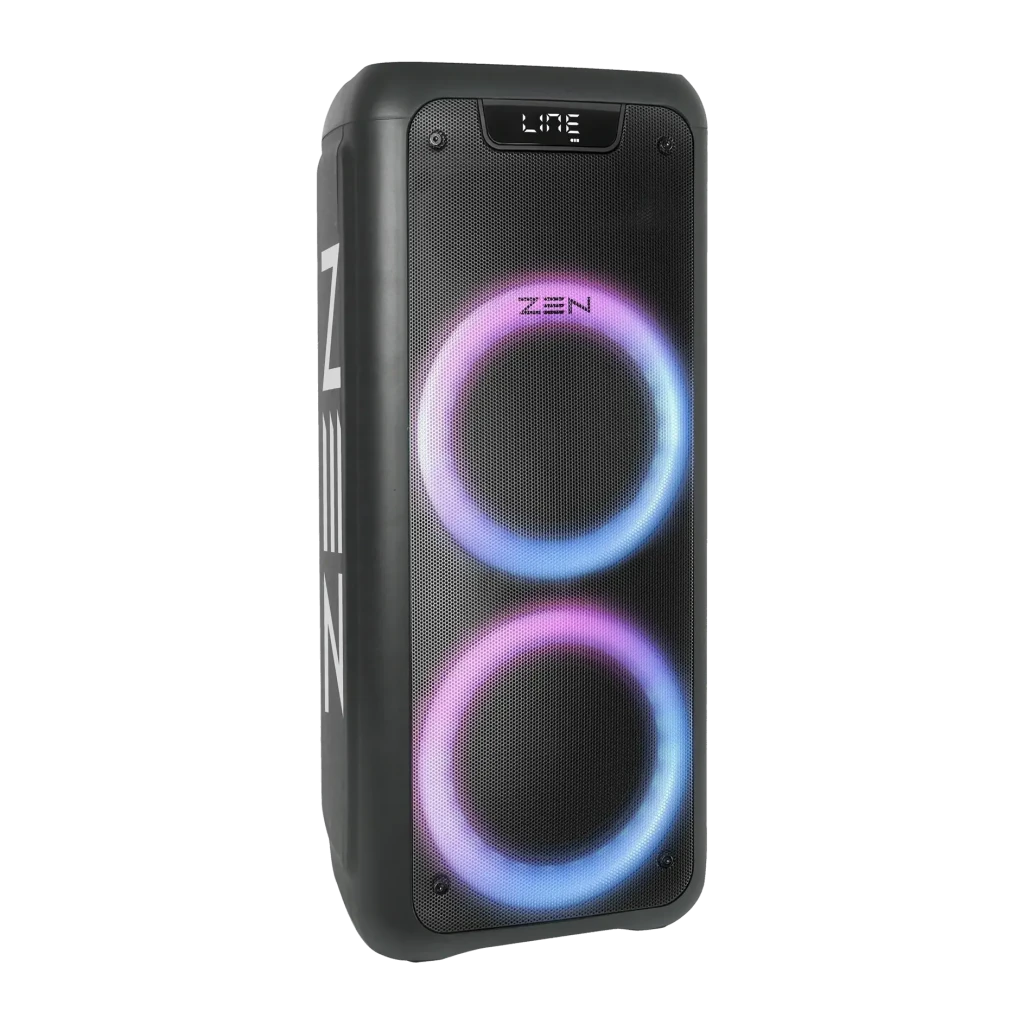 Altavoz portátil ZEN Devices Phoenix 25W RMS 7h Bluetooth 5.0 Negro, vista frontal en ángulo: dos altavoces con luces LED