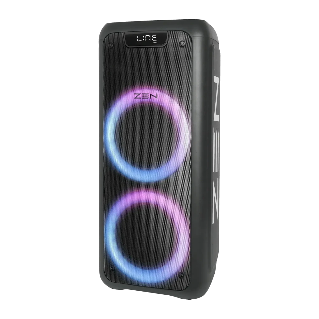 Altavoz portátil ZEN Devices Phoenix 25W RMS 7h Bluetooth 5.0 Negro, vista en ángulo: dos altavoces con luces LED azul