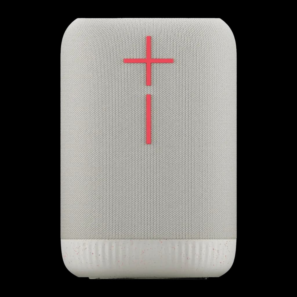 Enceinte portable Ultimate Ears Epicboom IP67 17h Bluetooth Blanc, vue avant: grille textile blanche avec logo UE rouge