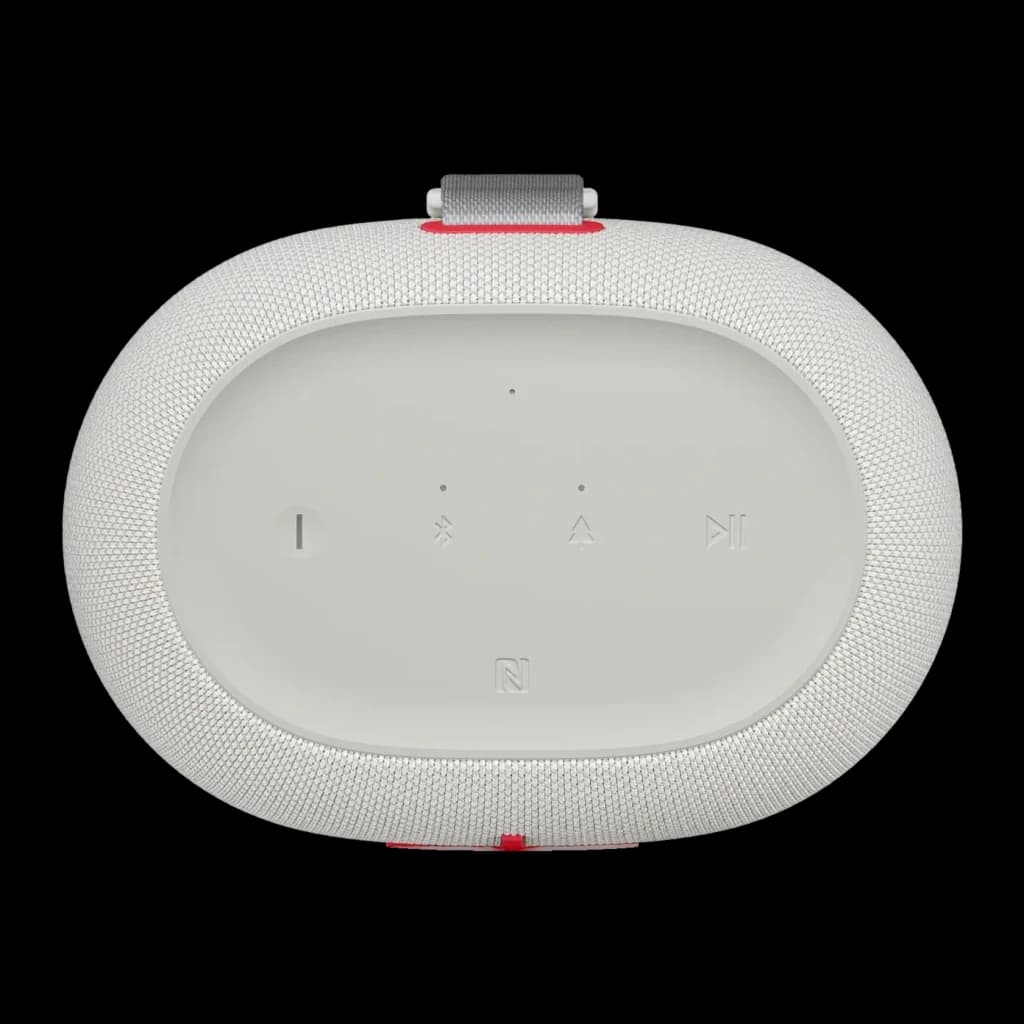 Enceinte portable Ultimate Ears Epicboom IP67 17h Bluetooth Blanc, vue dessus: boutons tactiles, NFC et dragonne grise