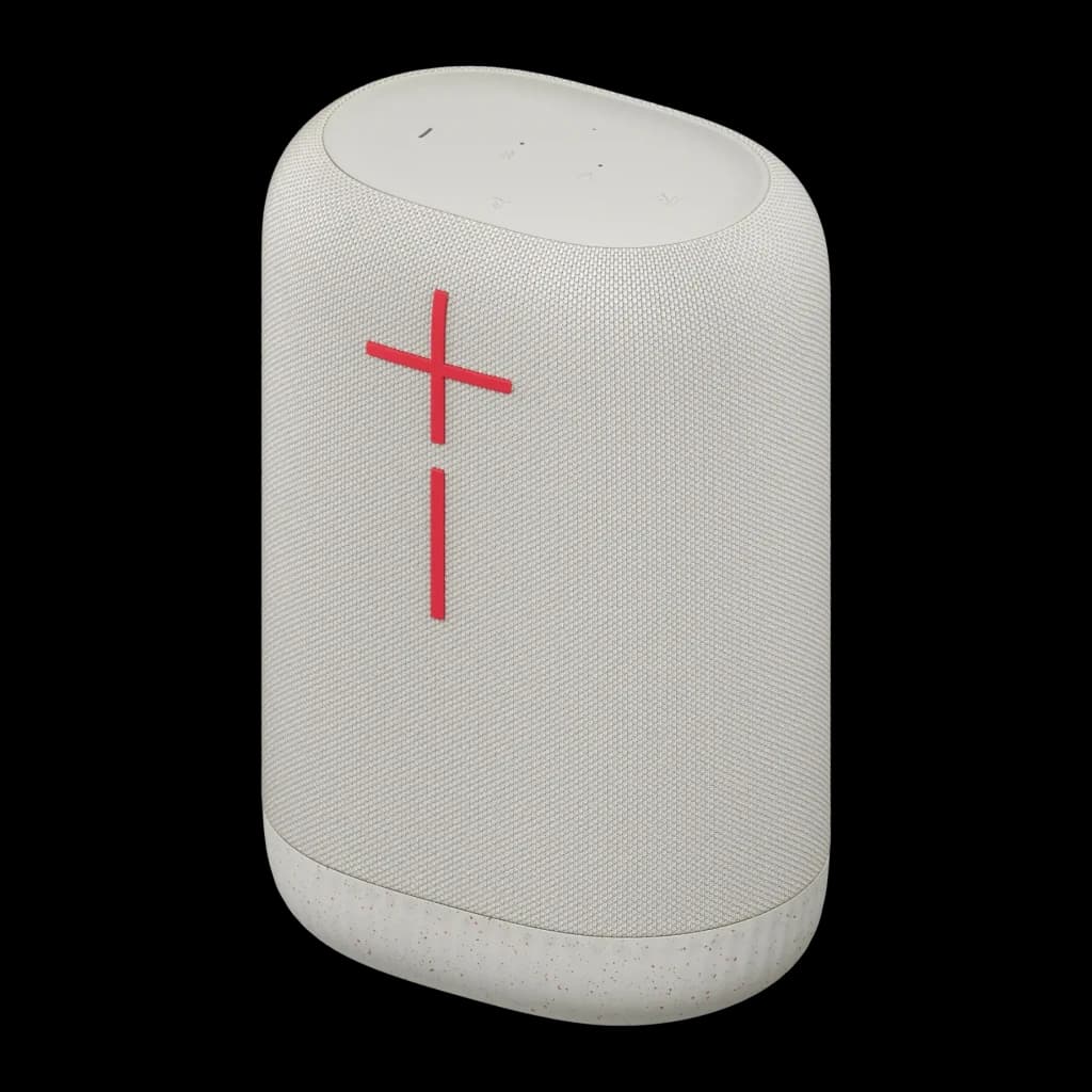 Enceinte portable Ultimate Ears Epicboom IP67 17h Bluetooth Blanc, vue avant en angle: logo UE rouge sur tissu blanc et base