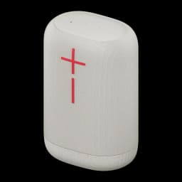 Enceinte portable Ultimate Ears Epicboom IP67 17h Bluetooth Blanc, vue avant en angle: logo UE rouge sur tissu blanc et base