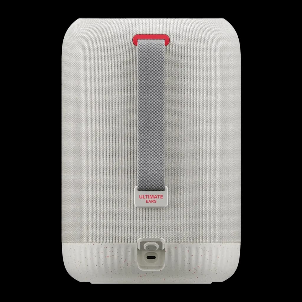 Enceinte portable Ultimate Ears Epicboom IP67 17h Bluetooth Blanc, vue avant: sangle grise avec crochet rouge et logo