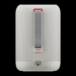 Enceinte portable Ultimate Ears Epicboom IP67 17h Bluetooth Blanc, vue avant: sangle grise avec crochet rouge et logo