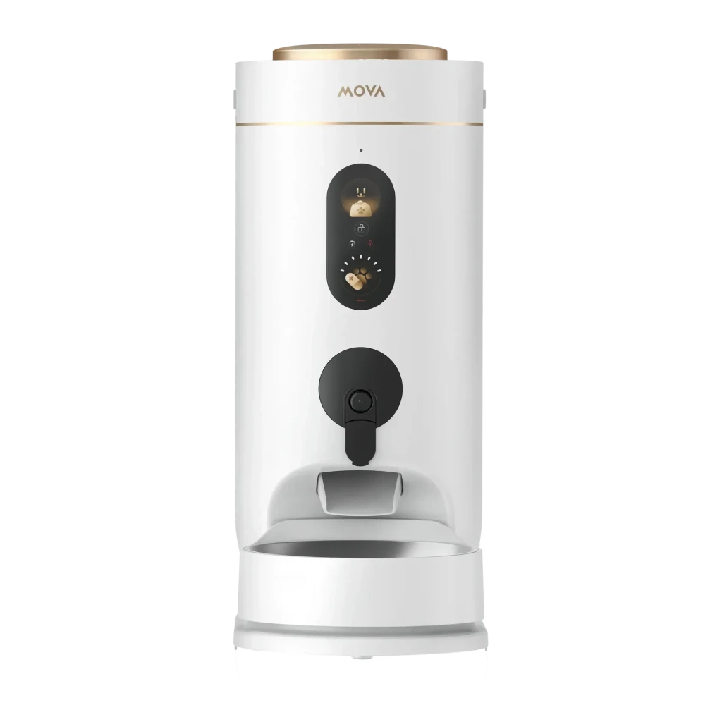 Distributeur automatique MOVA NutriPal 10 Ultra 4L Blanc Caméra HD, vue de face: corps cylindrique blanc avec panneau