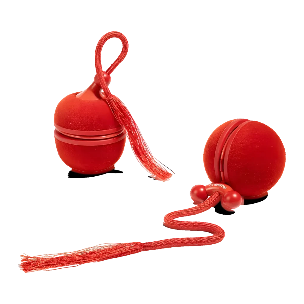 Jouet interactif Cheerble Wicked Ball Duo 2 Batterie intégrée Chat Rouge, vue ensemble: deux balles rouges avec cordon