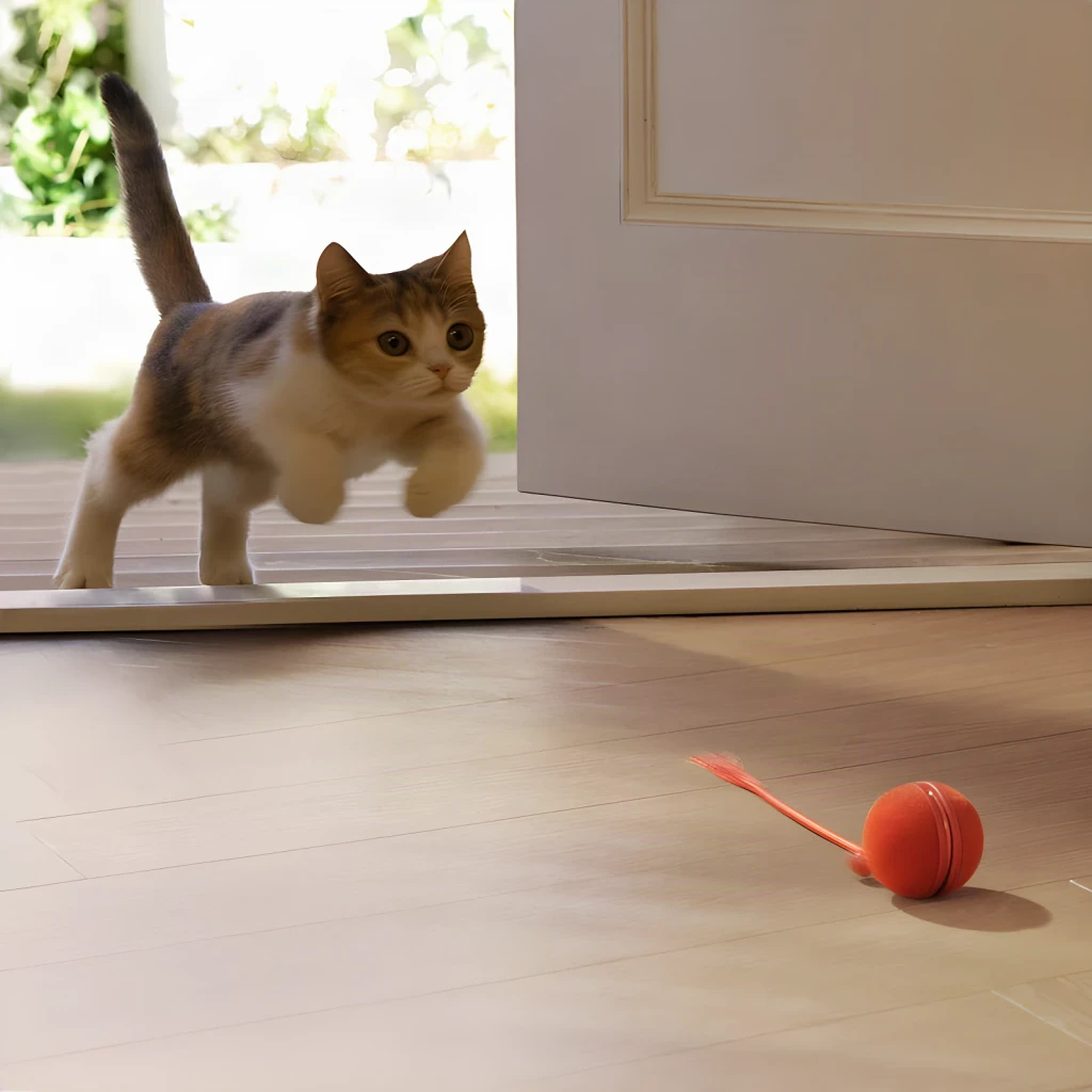 Jouet interactif Cheerble Wicked Ball Duo 2 Batterie intégrée Chat Rouge, en situation: chaton courant vers la balle rouge à