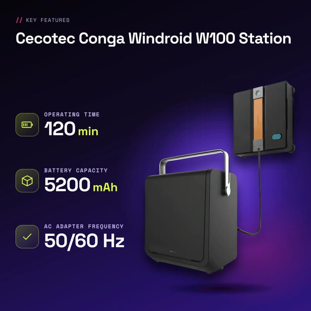 Robot lave-vitres Cecotec Conga Windroid W100 Station Noir - caractéristiques