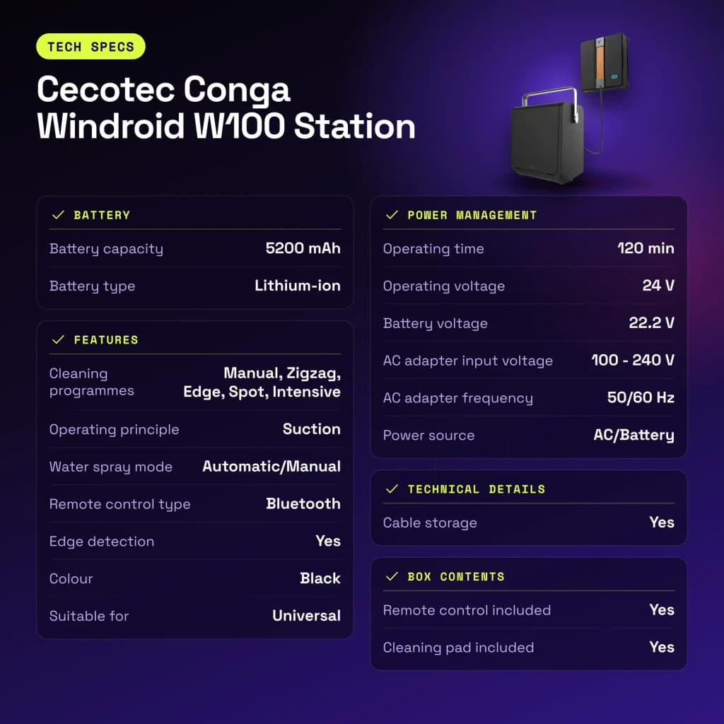 Robot lave-vitres Cecotec Conga Windroid W100 Station Noir - caractéristiques