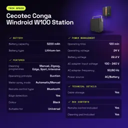 Robot lave-vitres Cecotec Conga Windroid W100 Station Noir - caractéristiques