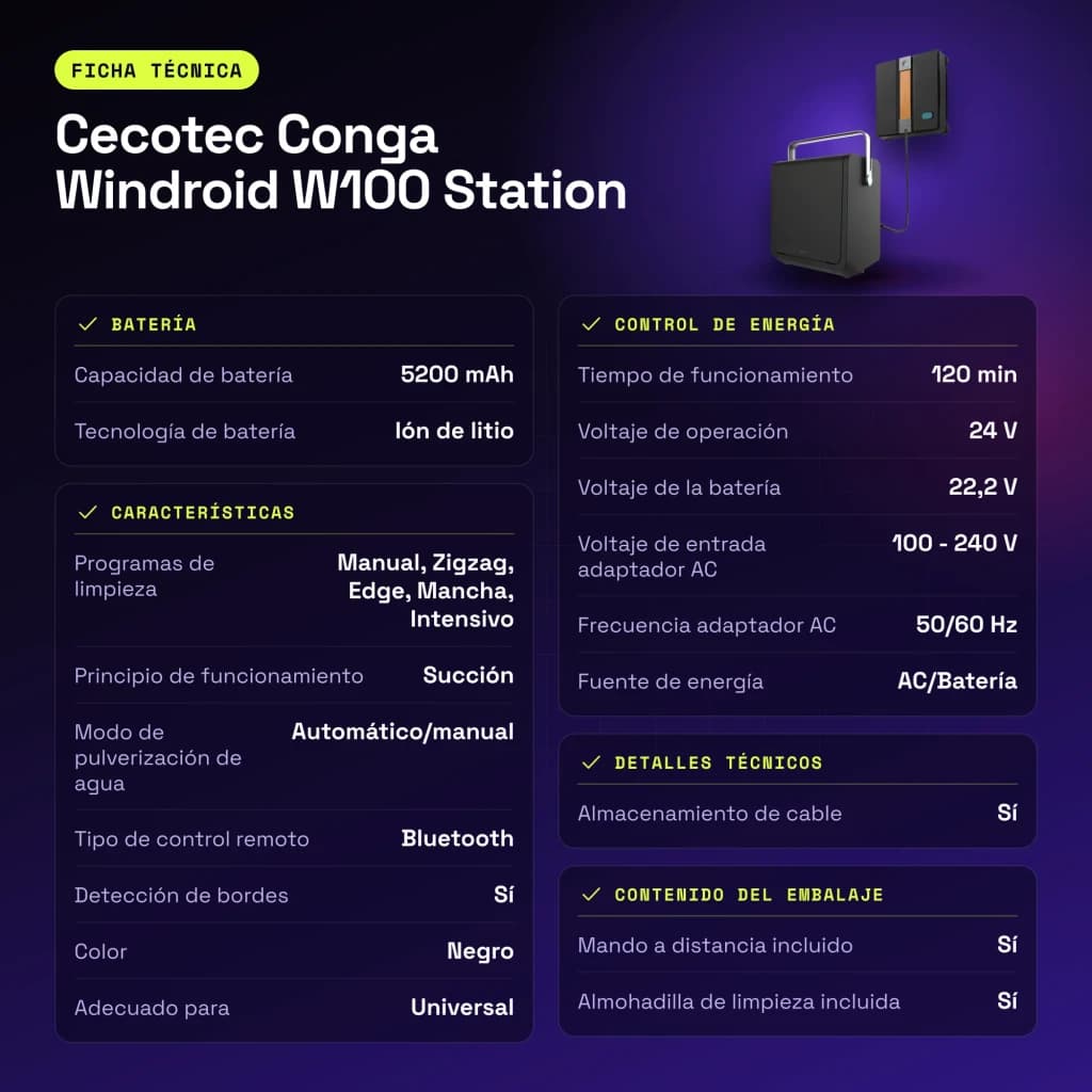 Robot lave-vitres Cecotec Conga Windroid W100 Station Noir - caractéristiques