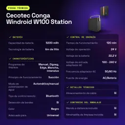 Robot lave-vitres Cecotec Conga Windroid W100 Station Noir - caractéristiques