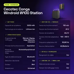 Robot lave-vitres Cecotec Conga Windroid W100 Station Noir - caractéristiques