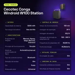 Robot lave-vitres Cecotec Conga Windroid W100 Station Noir - caractéristiques