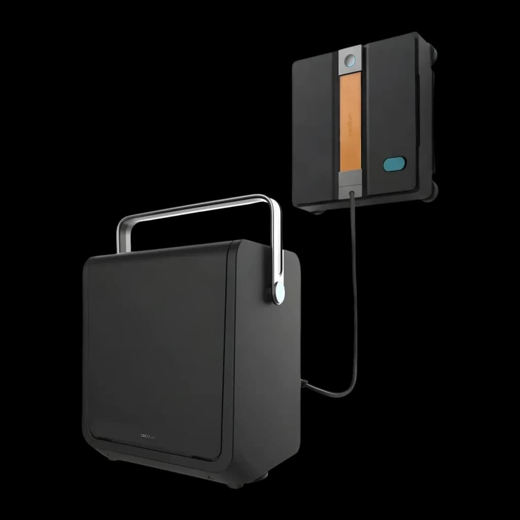 Robot lave-vitres Cecotec Conga Windroid W100 Station Noir, vue de face: robot sur vitre relié par câble à la station