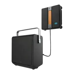 Robot lave-vitres Cecotec Conga Windroid W100 Station Noir, vue de face: robot sur vitre relié par câble à la station