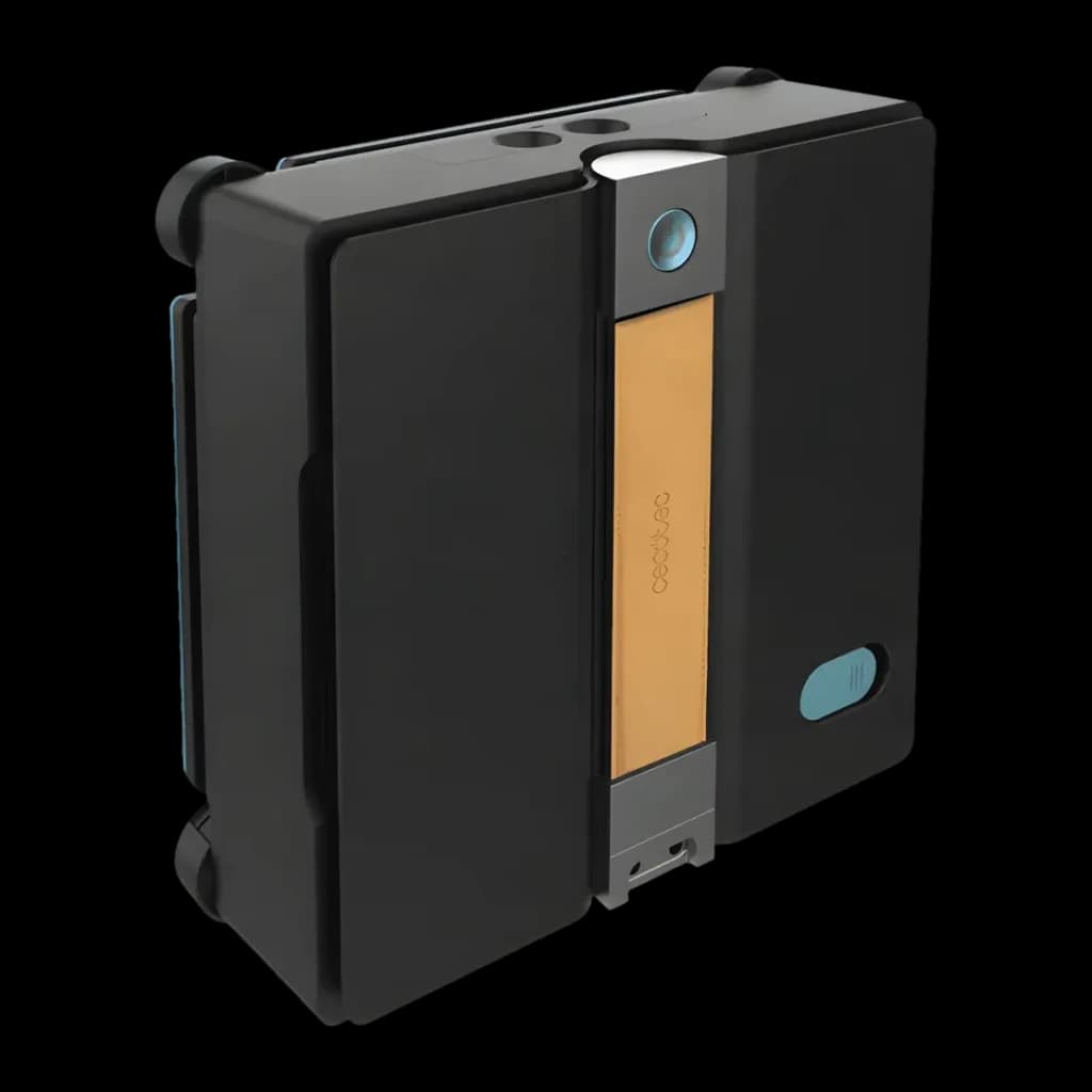 Robot lave-vitres Cecotec Conga Windroid W100 Station Noir, vue latérale: bande orange centrale, capteur bleu et bouton