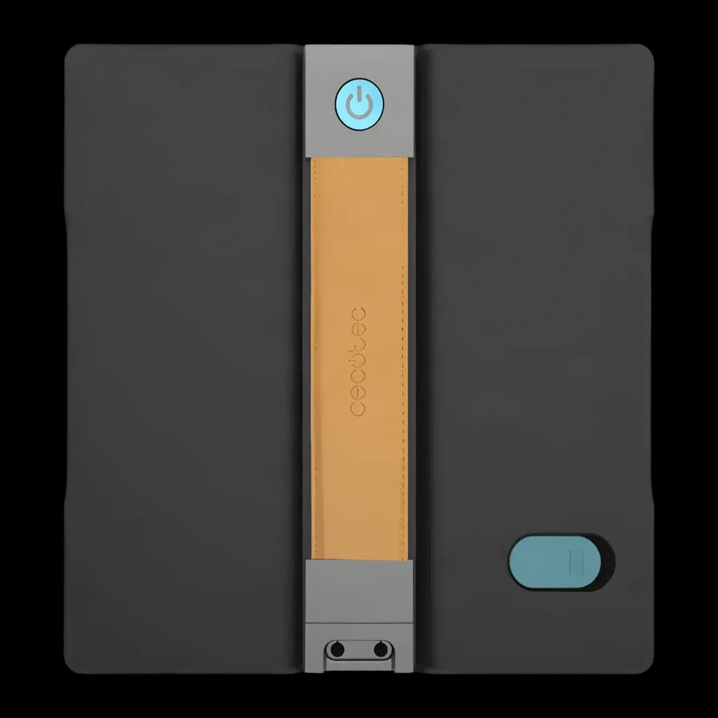 Robot lave-vitres Cecotec Conga Windroid W100 Station Noir, vue de face: bouton marche bleu, bande centrale orange avec logo