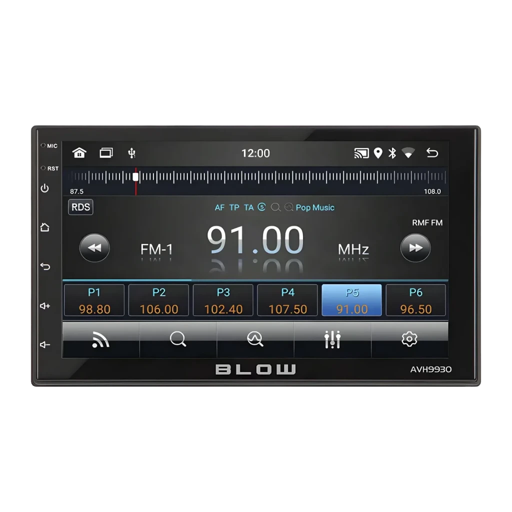 Auto-rádio Blow Preto Android Auto 7 polegadas Tátil AVH-9930, frontal: ecrã tátil com sintonizador FM 91.00 MHz e presets