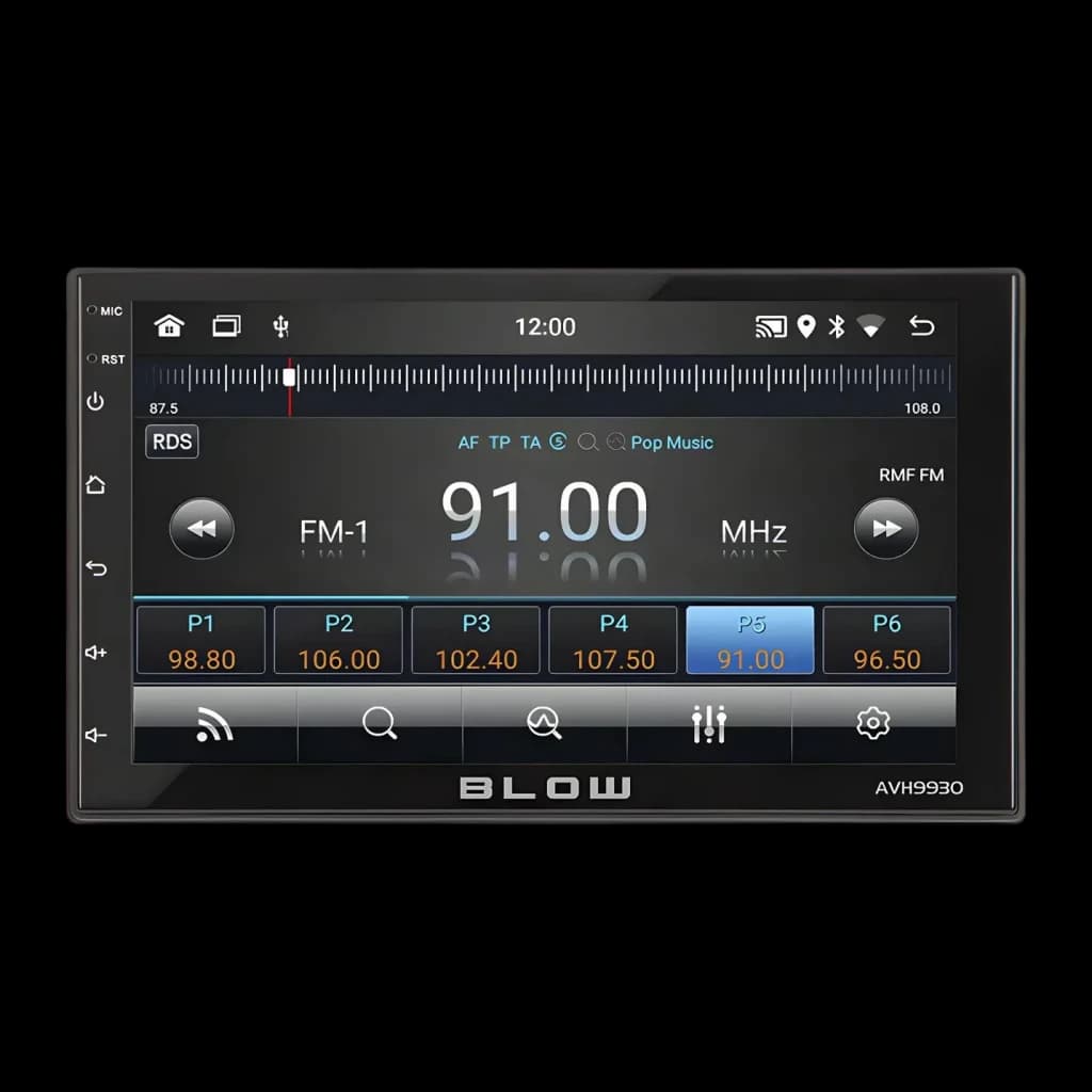 Auto-rádio Blow Preto Android Auto 7 polegadas Tátil AVH-9930, frontal: ecrã tátil com sintonizador FM 91.00 MHz e presets