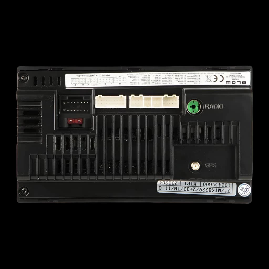 Auto-rádio Blow Preto Android Auto 7 polegadas Tátil AVH-9930, vista traseira: conectores ISO, antenas GPS e rádio, etiqueta
