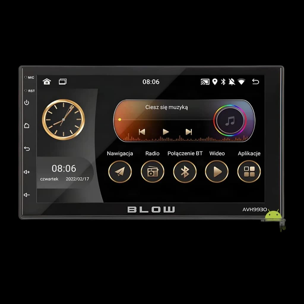 Auto-rádio Blow Preto Android Auto 7 polegadas Tátil AVH-9930, ecrã ligado: interface Android com relógio, leitor de música