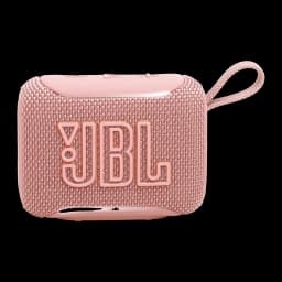 Altavoz portátil JBL Go 5 IP68 4,8W Bluetooth Rosa, vista frontal: rejilla textil rosa con logo JBL en relieve y asa trenzada