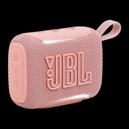 Altavoz portátil JBL Go 5 IP68 4,8W Bluetooth Rosa, vista en ángulo: rejilla de tela, logo JBL en relieve, botones laterales