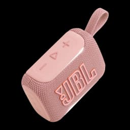 Altavoz portátil JBL Go 5 IP68 4,8W Bluetooth Rosa, vista en ángulo: logo JBL, tela rosa y botones de control visibles