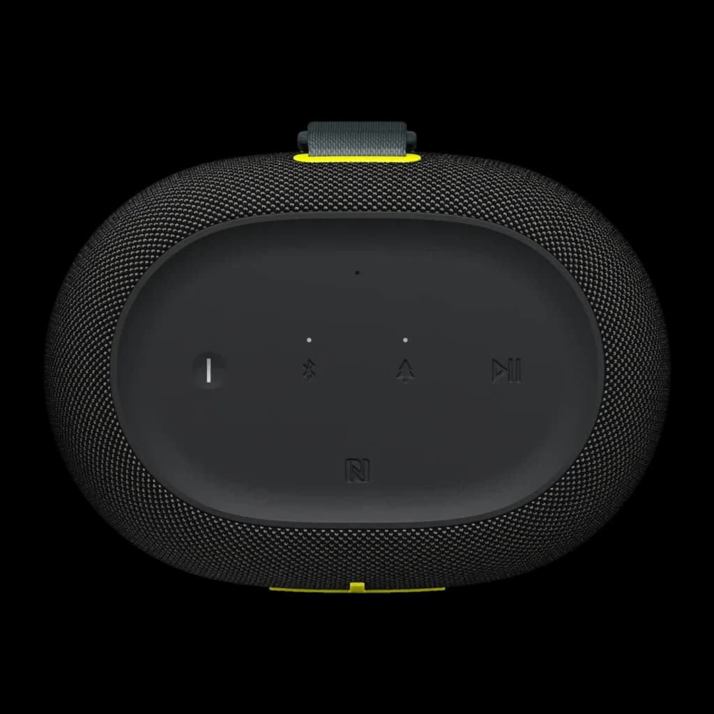 Altavoz portátil Ultimate Ears Epicboom IP67 17h Bluetooth Negro, vista superior: botones táctiles, NFC y asa gris