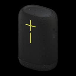 Altavoz portátil Ultimate Ears Epicboom IP67 17h Bluetooth Negro, vista en perspectiva: logo cruz amarillo neón sobre tela
