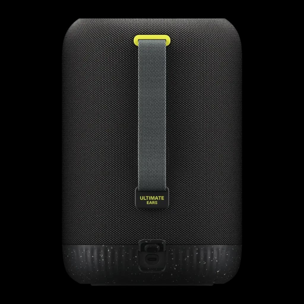 Altavoz portátil Ultimate Ears Epicboom IP67 17h Bluetooth Negro, vista trasera: asa textil gris con anilla amarilla y logo