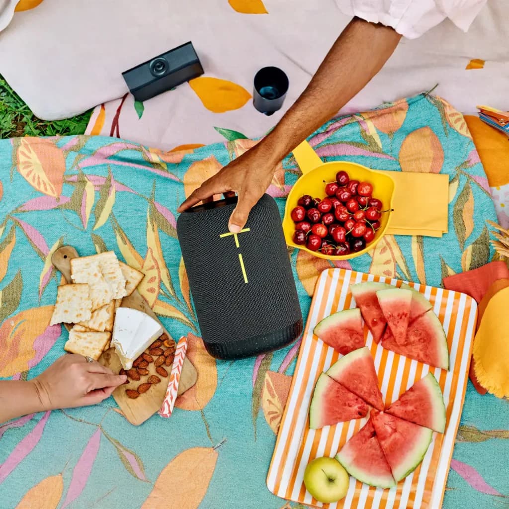 Altavoz portátil Ultimate Ears Epicboom IP67 17h Bluetooth Negro, en uso: mano sujetándolo en pícnic con fruta y snacks