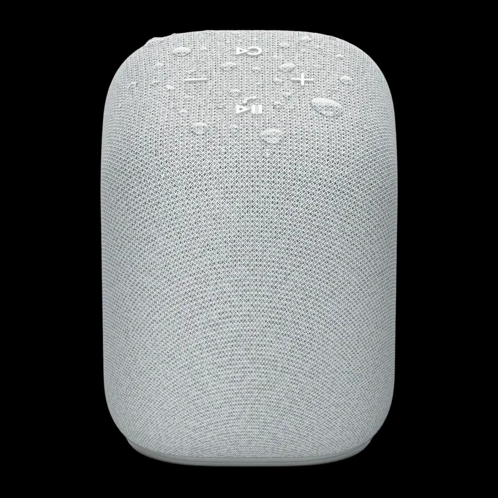 Enceinte portable Sony SRS-LS1 25h Bluetooth Gris Clair, vue avant: tissu gris avec touches tactiles et gouttes d'eau