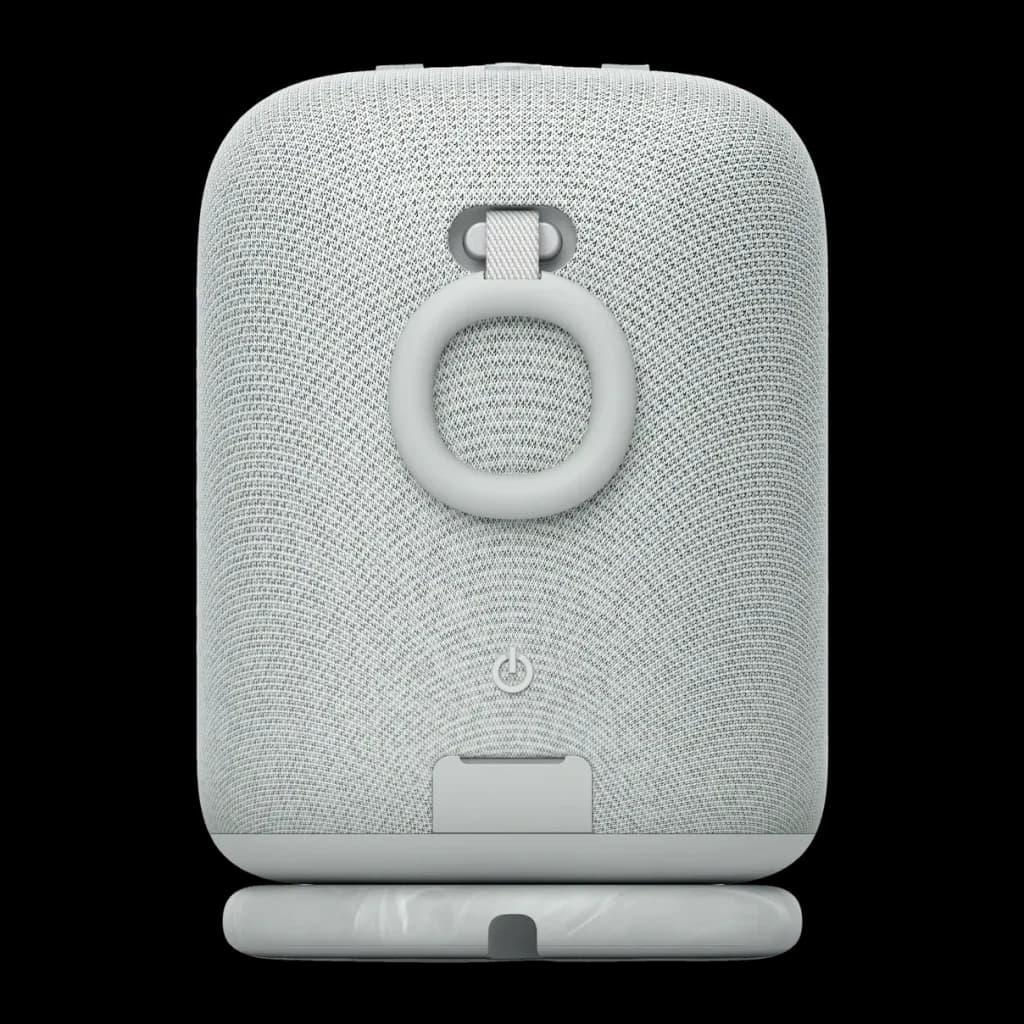 Enceinte portable Sony SRS-LS1 25h Bluetooth Gris Clair, vue arrière: anneau de transport circulaire, bouton et socle
