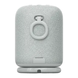 Enceinte portable Sony SRS-LS1 25h Bluetooth Gris Clair, vue arrière: anneau de transport circulaire, bouton et socle