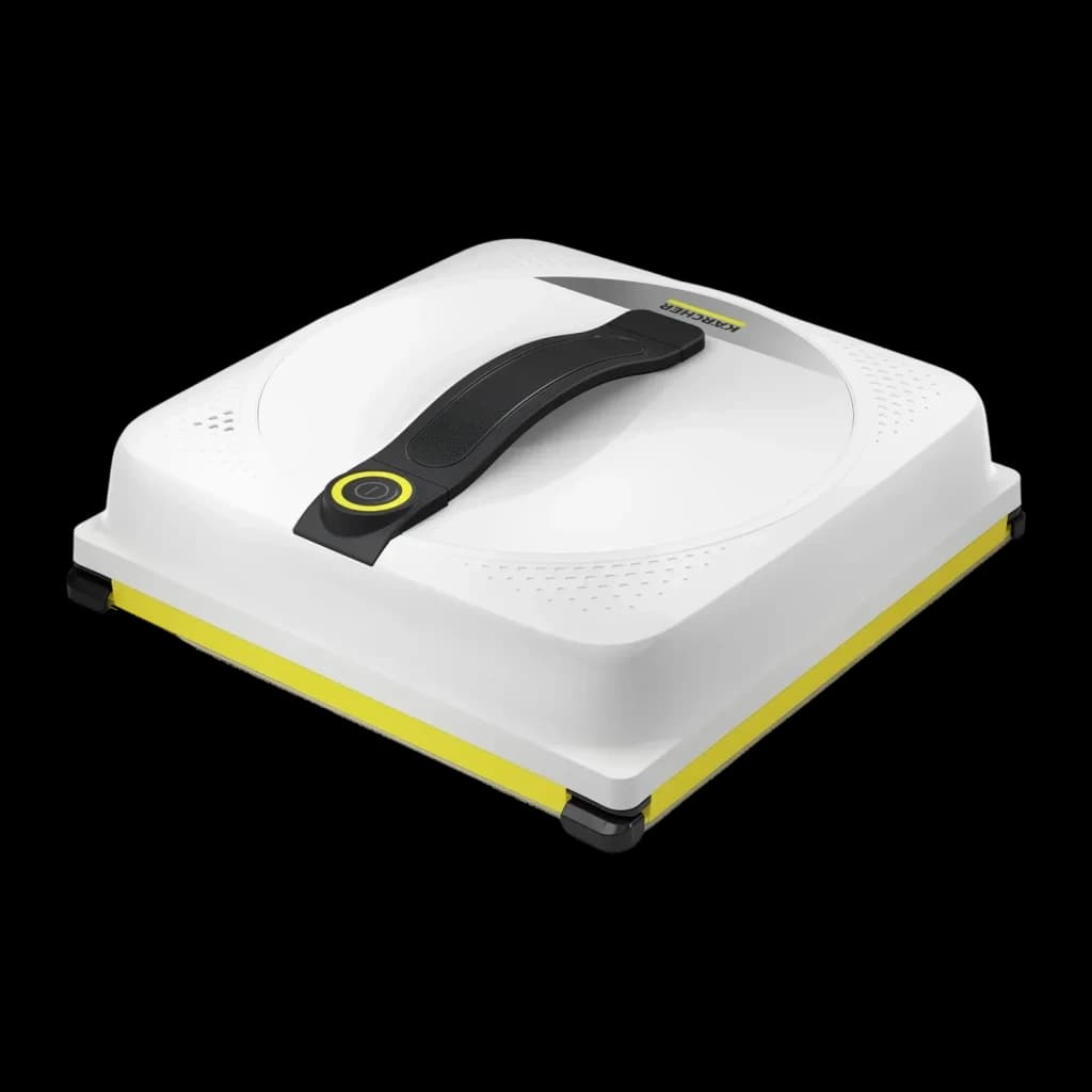 Robot limpiacristales Kärcher RCW 4 Extra 5000Pa 77dB, vista en perspectiva: cuerpo blanco con asa negra, botón amarillo