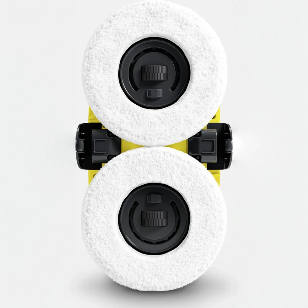 Robot limpiacristales Kärcher RCW 2 Blanco Depósito 70ml Batería, en uso: vista inferior con dos almohadillas de microfibra