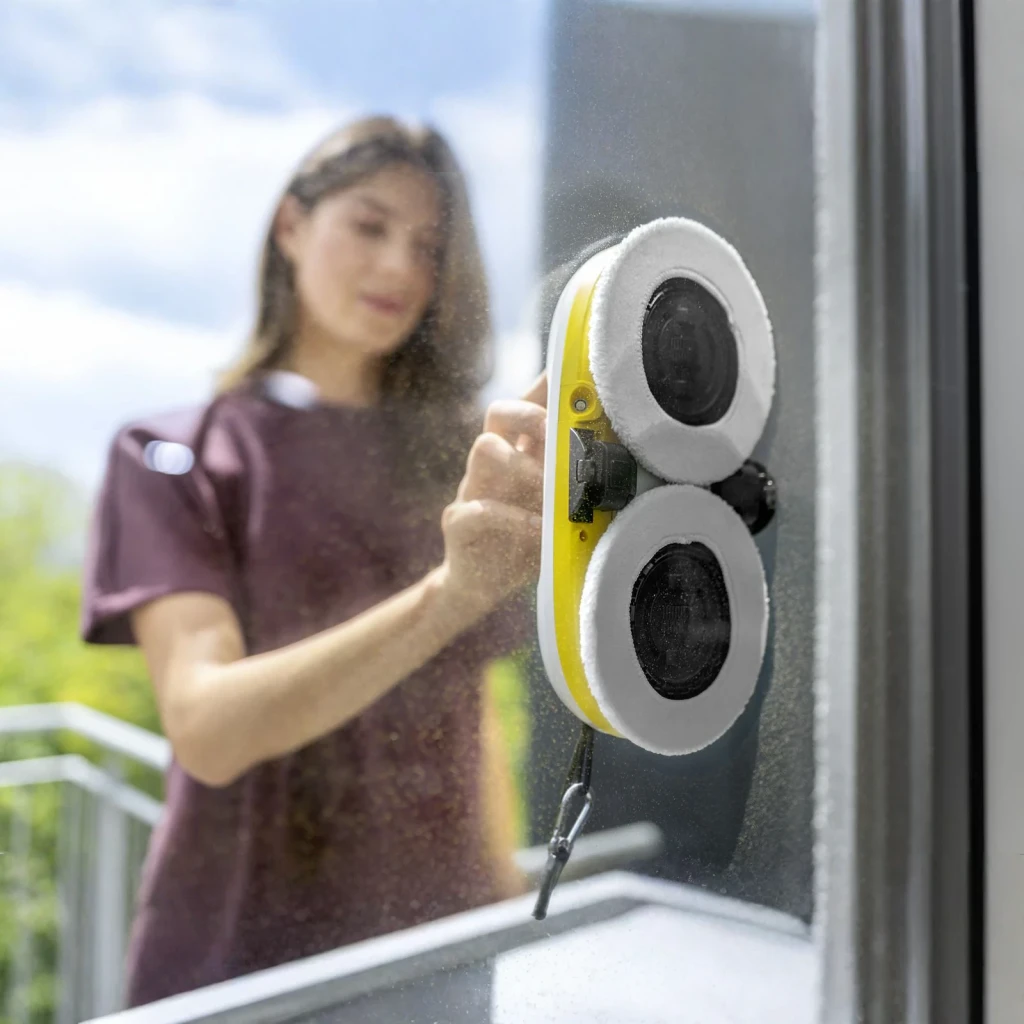 Robot limpiacristales Kärcher RCW 2 Blanco Depósito 70ml Batería, en uso: adherido a cristal exterior, mujer coloca el robot