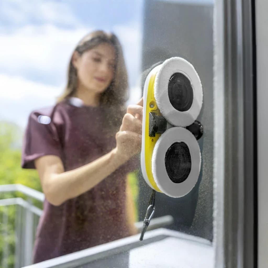 Robot limpiacristales Kärcher RCW 2 Blanco Depósito 70ml Batería, en uso: adherido a cristal exterior, mujer coloca el robot