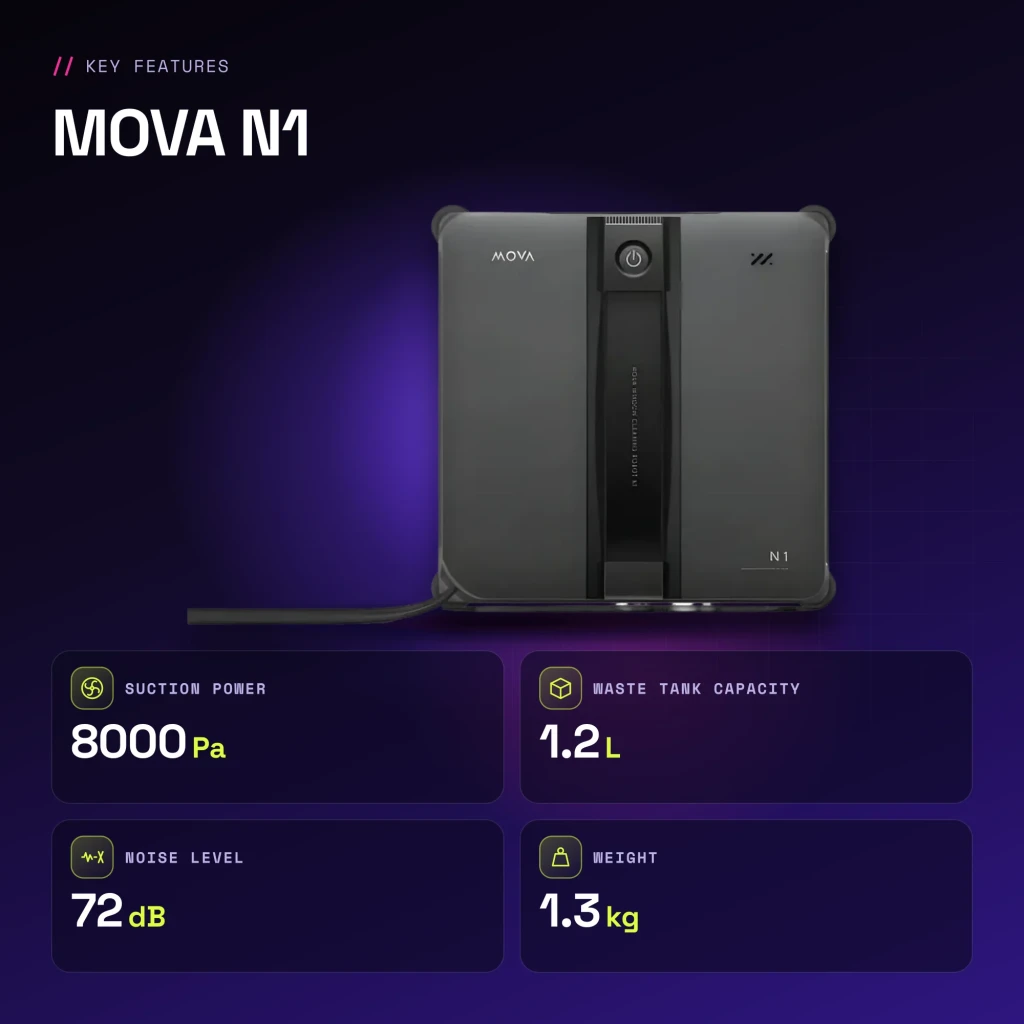 Robot lave-vitres MOVA N1 Noir 8000Pa 72dB - caractéristiques