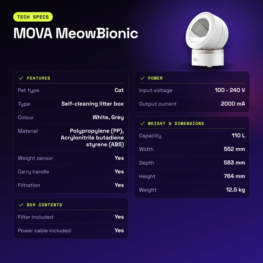 Litière Autonettoyante MOVA MeowBionic 110L Blanc WiFi App Capteur de poids - caractéristiques
