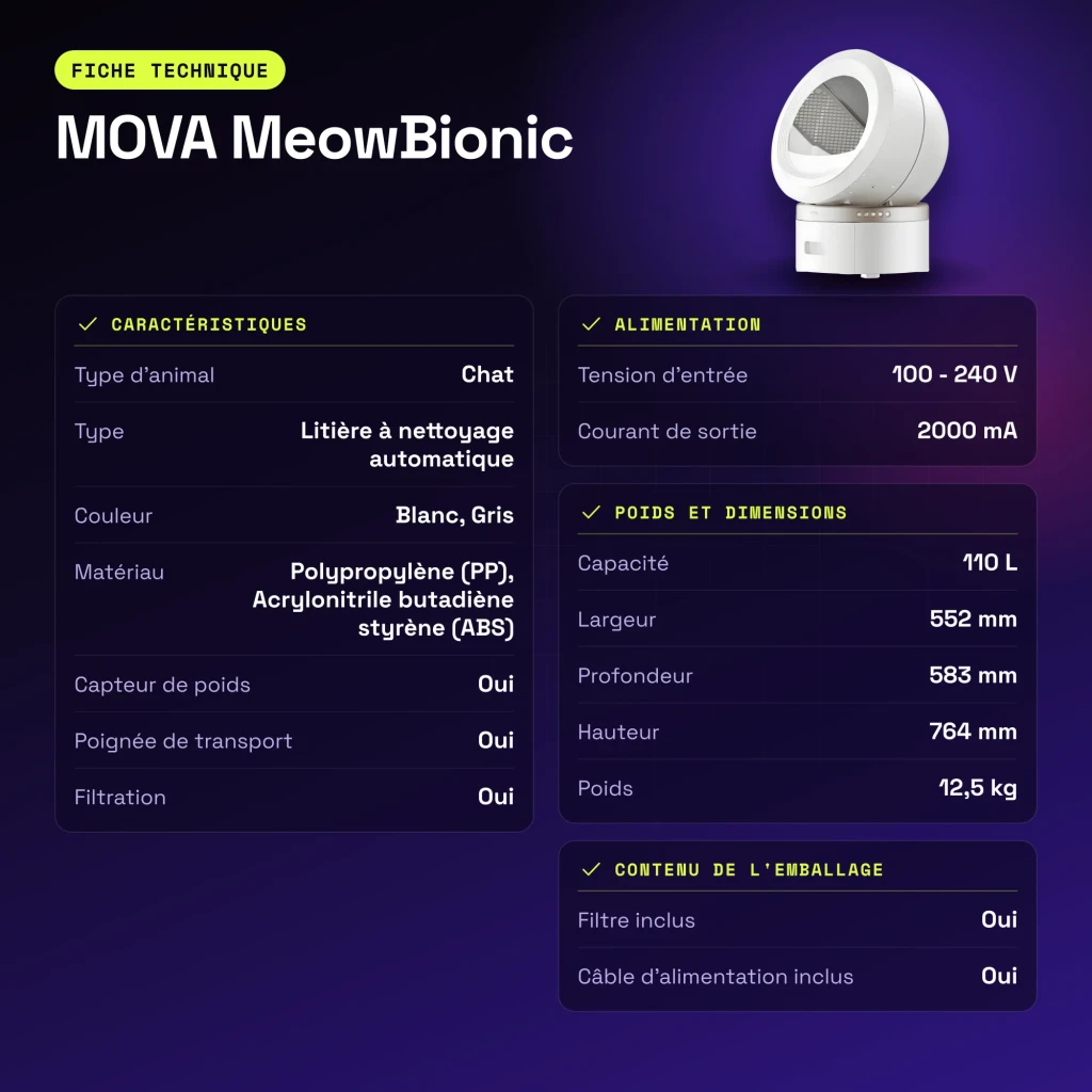 Litière Autonettoyante MOVA MeowBionic 110L Blanc WiFi App Capteur de poids - caractéristiques