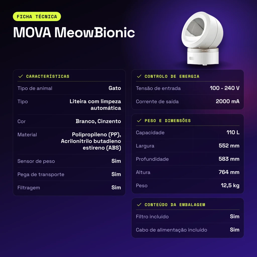 Litière Autonettoyante MOVA MeowBionic 110L Blanc WiFi App Capteur de poids - caractéristiques