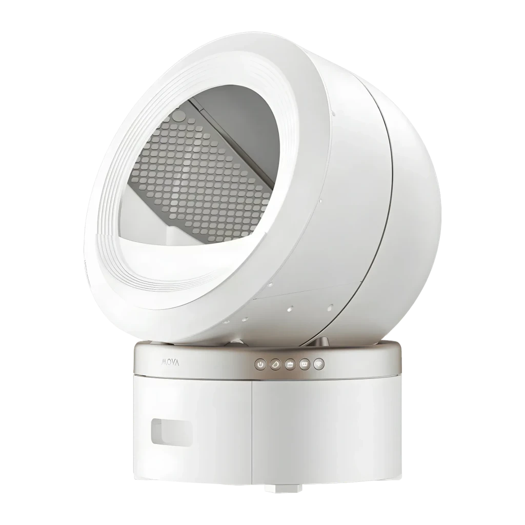 Litière Autonettoyante MOVA MeowBionic 110L Blanc WiFi App Capteur de poids, vue 3/4 avant: globe rotatif avec entrée