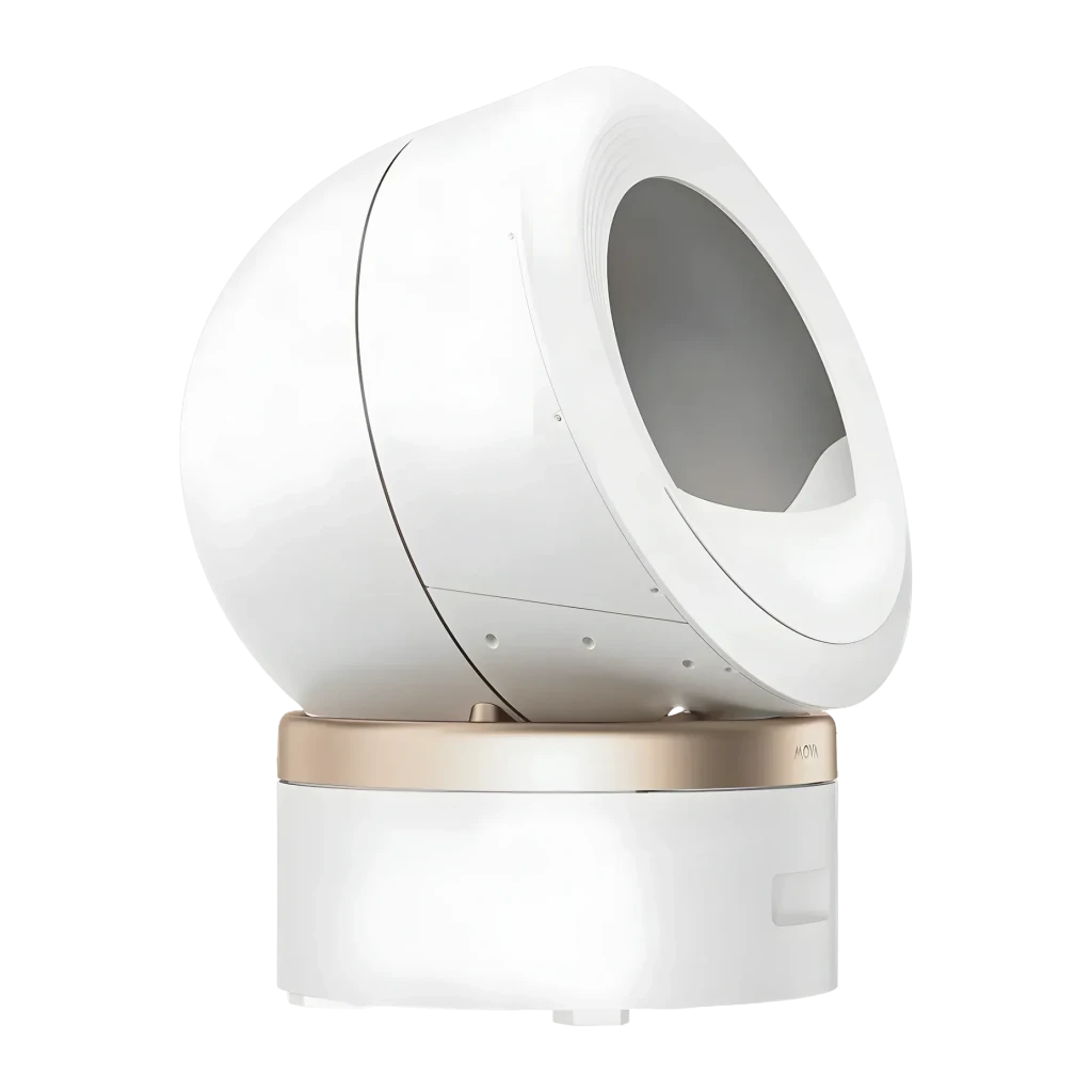 Litière Autonettoyante MOVA MeowBionic 110L Blanc WiFi App Capteur de poids, vue latérale: globe rotatif avec entrée